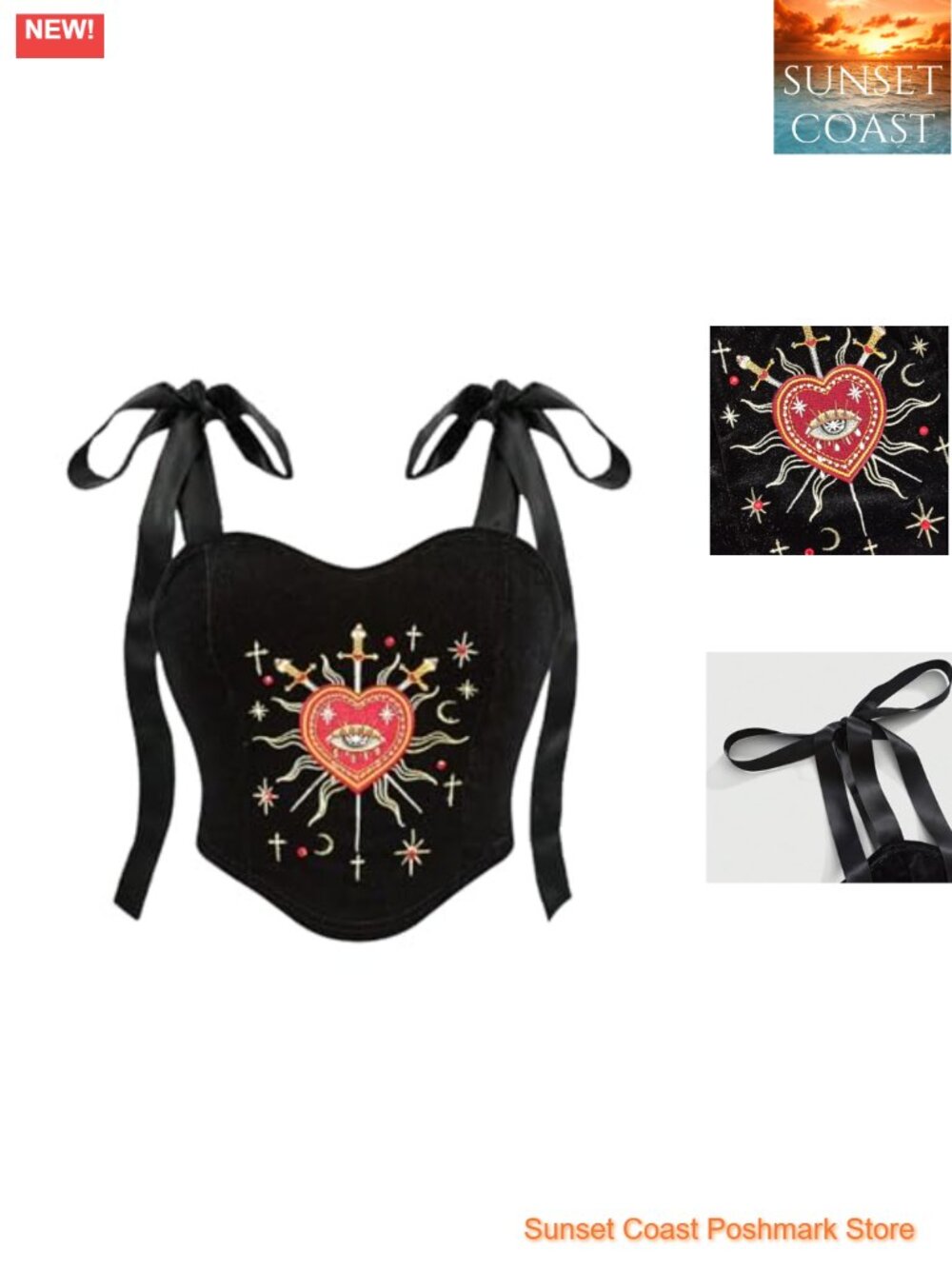 SHENHE Velvet Embroidered Corset Bustier Tie Strap Crop Top